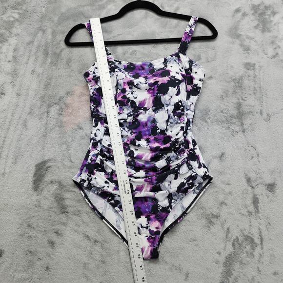 NEW Jusfitsu Swimsuit Size 6 Purple Black Floral Ruched Tummy Control High Cut - Picture 11 of 12
